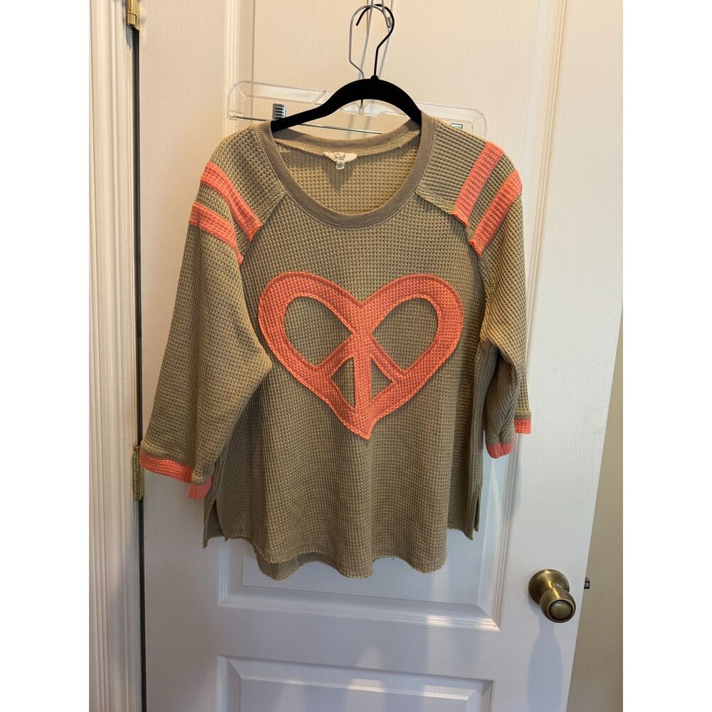 Easel Khaki Waffle Knit Heart Peace Sign Thermal Top - Neon Coral
